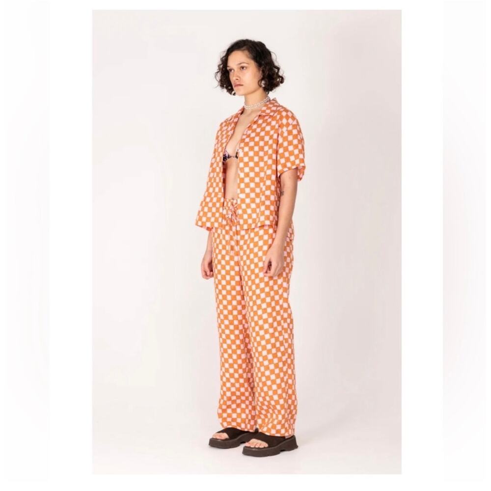 Holiday Emma Mulholland Orange Checkered Linen Pants Size Small Wide Leg - Picture 13 of 13